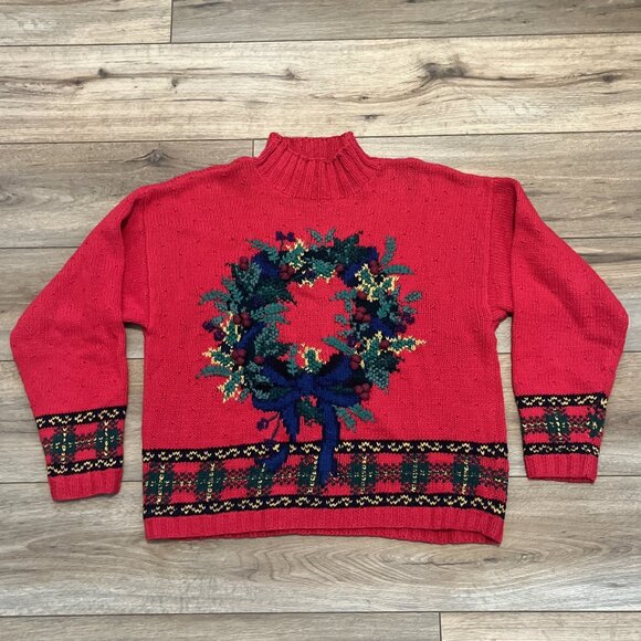 Robert Scott Turtleneck Sweater SZ Medium Red Christmas Wreath Hand Knit Vintage - Picture 1 of 10